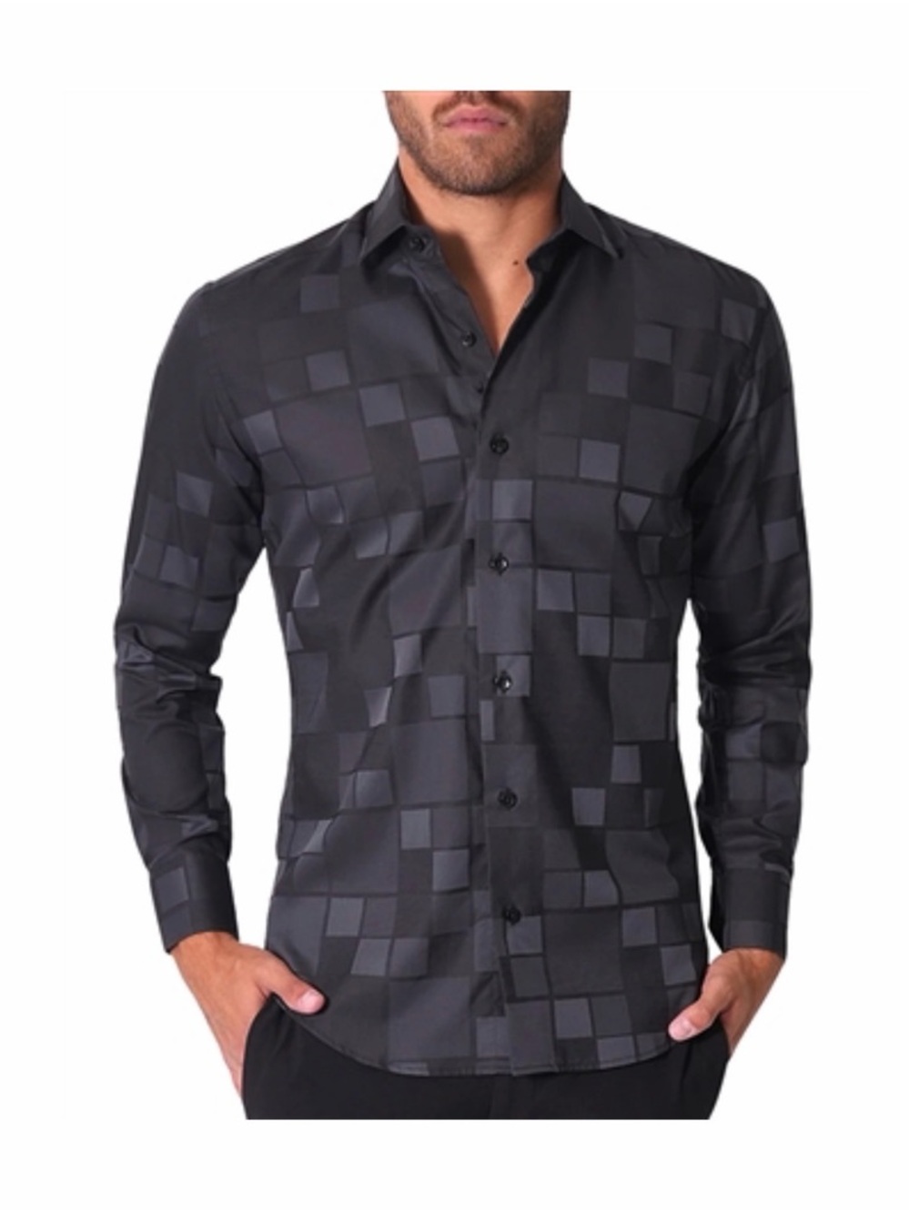 Bertigo Men's Black Checker Satin Dress Shirt size S. 100% Cotton